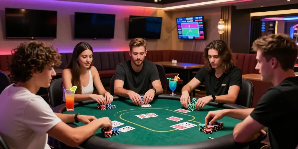 Exciting gaming scene at https://www.78wind.love/ with friends enjoying poker night.
