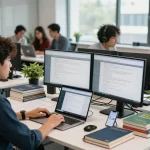 专业翻译办公室，翻译人员使用有道技术进行多语言交流的合作。