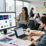 Marketing strategist reviewing SL Ad performance metrics in a modern office.