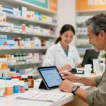 Buying Kamagra in a modern pharmacy setting with friendly assistance.