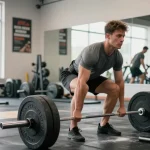 Culturista levantando pesas en el gimnasio de Esteroidesshop, mostrando dedicación al entrenamiento de fuerza.