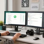 Using WhatsApp電腦版 on a modern workspace with dual monitors and tech accessories.