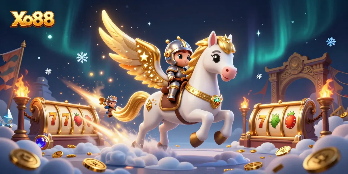 Xo88 showcases an exciting 3D scene with a winged horse and knight amidst vibrant gambling elements.