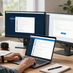 Engaged user interacting with Telegram Web Version on a sleek laptop in a modern home office setting.