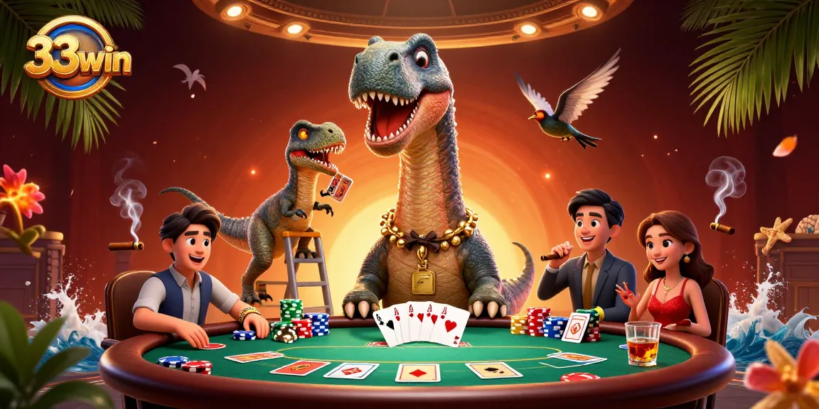 33win casino scene with a 3D brontosaurus and raptor dealing poker cards amidst vibrant gambling elements.