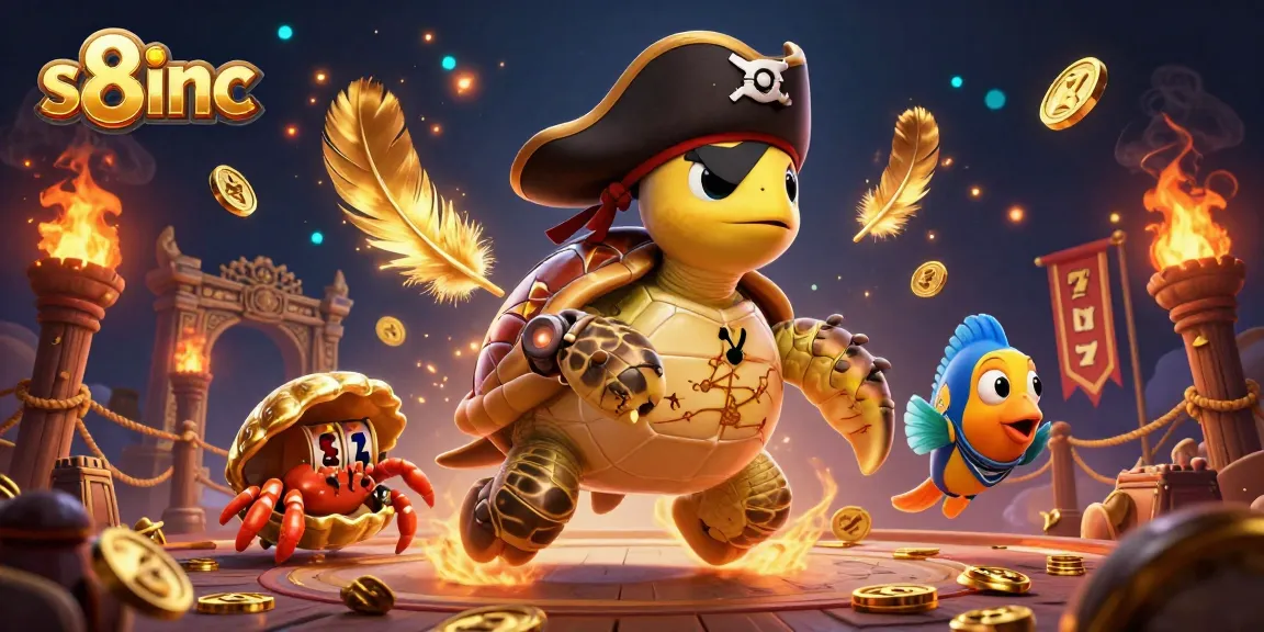 Engage with the thrilling world of s8inc as a pirate turtle explores treasures amidst vibrant casino themes.