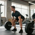 Entrenador de Esteroidesshop realizando levantamiento de pesas en gimnasio moderno, ambiente motivador.