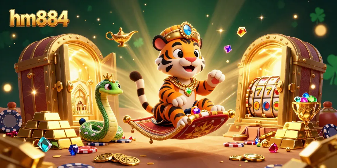 Spin and win with hm884’s vibrant slot-themed 3D illustration featuring a tiger sultan and treasures galore.