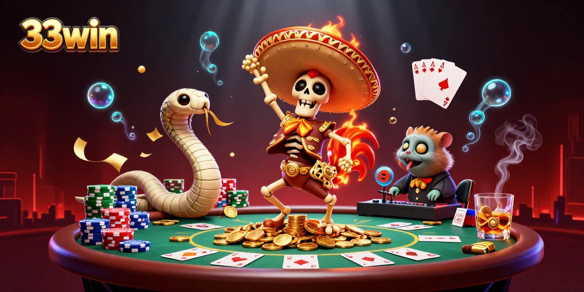 Experience the thrill of winning at 33win with an exciting, vibrant casino scene featuring unique characters and game elements.