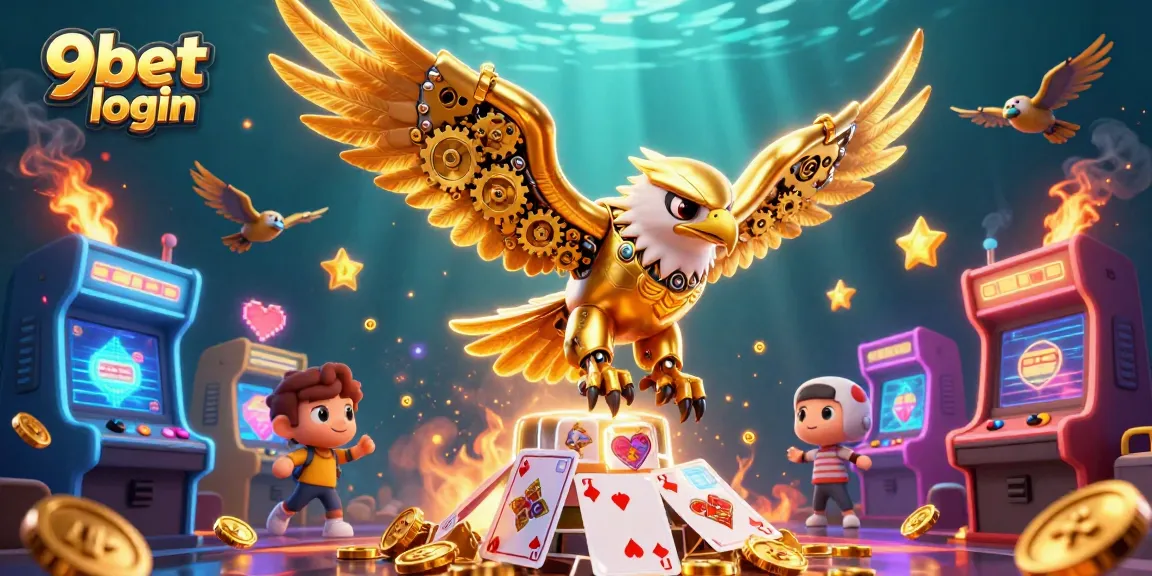 Engage with the 9bet login experience amidst a vibrant digital casino artwork showcasing a dynamic eagle.