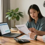 Couple using an online simulator to simular hipoteca and calculate mortgage payments in a modern home office.
