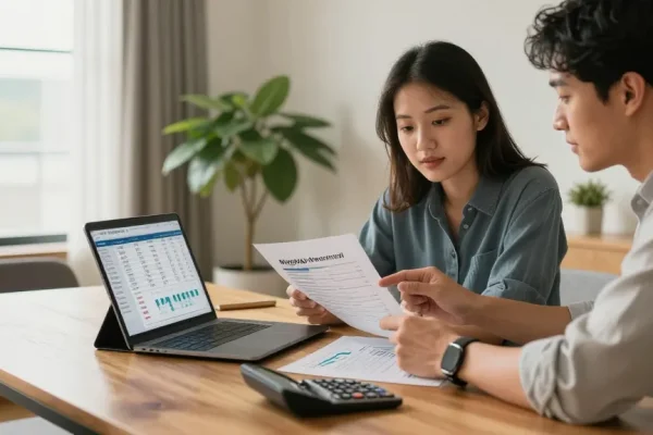Couple using an online simulator to simular hipoteca and calculate mortgage payments in a modern home office.