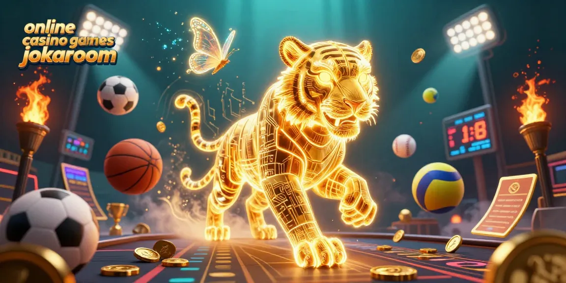 Engage in thrilling online casino games at JokaRoom with a vibrant 3D casino scene, highlighting dynamic game elements.