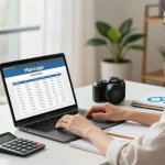 Youthful woman simulating hipoteca calculations in a modern home office, showcasing a clear workspace for financial decisions.