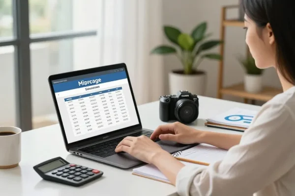 Youthful woman simulating hipoteca calculations in a modern home office, showcasing a clear workspace for financial decisions.