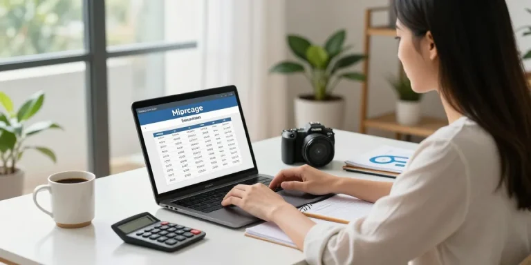 Youthful woman simulating hipoteca calculations in a modern home office, showcasing a clear workspace for financial decisions.
