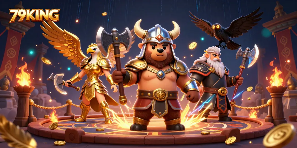 Experience the thrilling world of 79KING with a colorful gambling scene featuring Viking and Valkyrie characters.