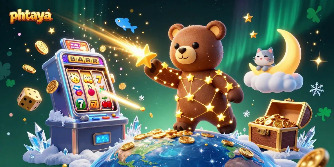 Phtaya brings excitement with a vibrant scene of gaming and rewards, showcasing a constellation bear, slot machine, and festive elements.