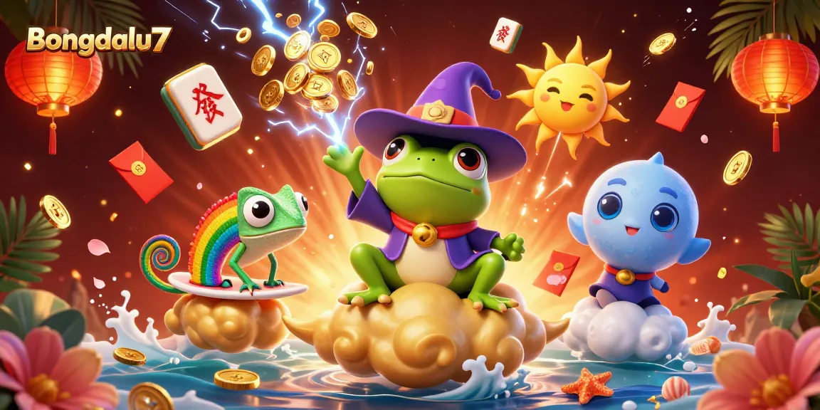 Bongdalu7 showcases an electrifying scene with a wizard frog and a chameleon in a dazzling casino-themed storm of coins.
