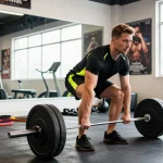 Esteroidesshop: Hombre levantando pesas en un gimnasio moderno, motivación y esfuerzo visible.