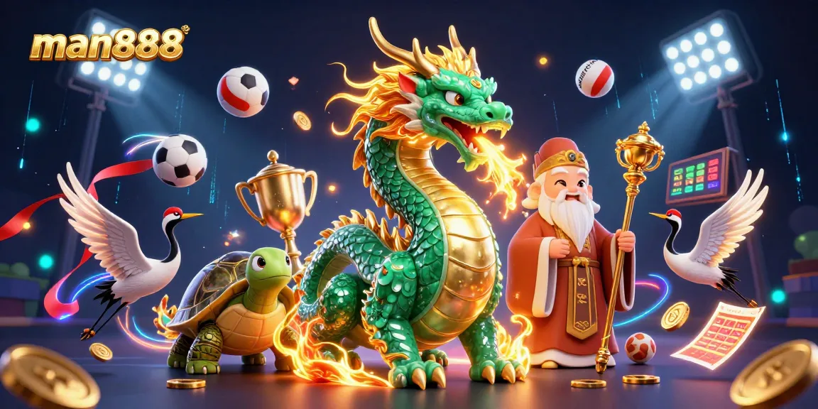 Experience thrilling man888 strategies with a dragon, lucky cranes, and vibrant sports action.