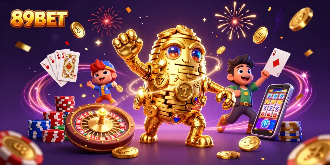 Experience dynamic gameplay at 89BET with golden golem surrounded by vibrant casino elements.