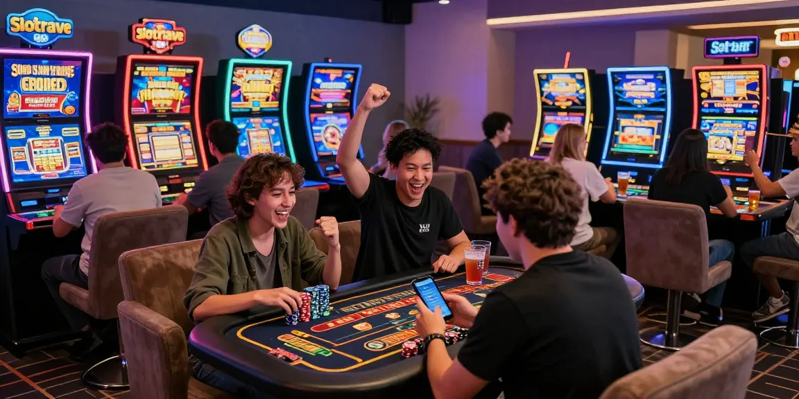 Players experiencing the thrilling atmosphere of online gaming at Slotrave, surrounded by colorful slot machines and vibrant promotions.