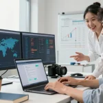 使用快连优化网络速度的专业开发者在现代办公室中进行协作