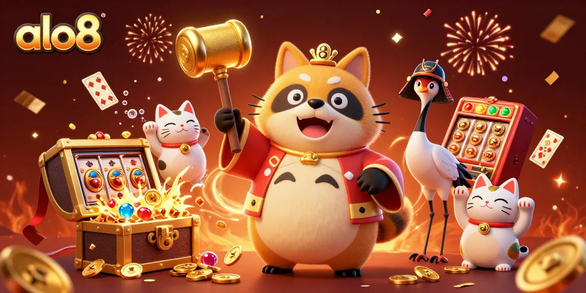 Playing exciting slots at ALO8 with cheerful tanuki, fortune cats, and dynamic gaming elements.