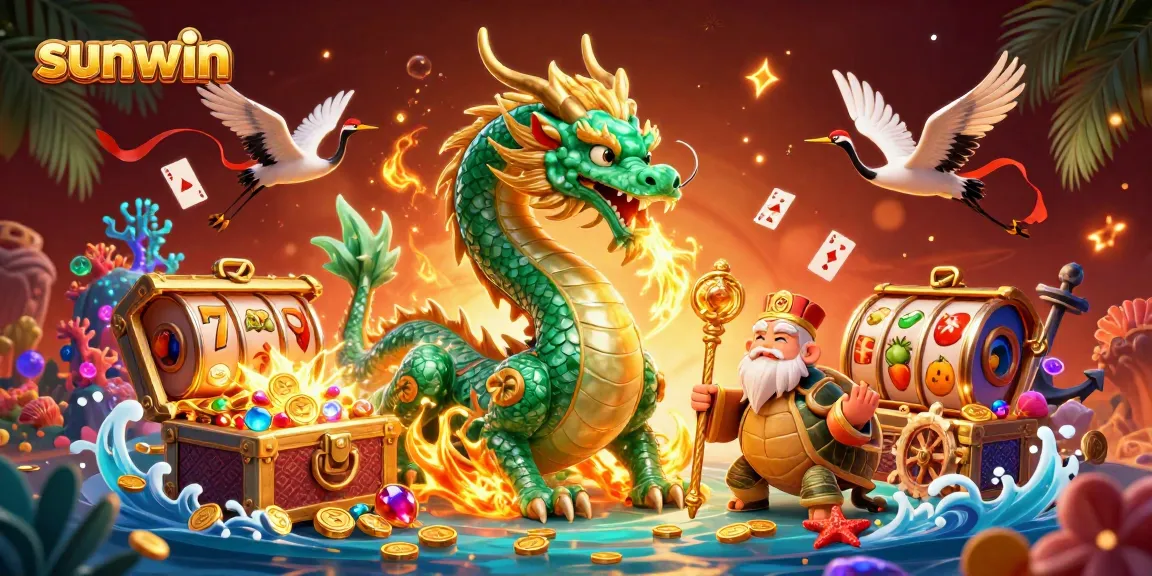 Experience the thrill of sunwin with a vibrant 3D illustration featuring a jade dragon and lucky symbols.