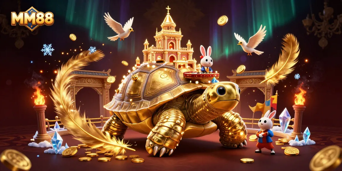 MM88 players experience thrilling wins in a golden casino scene with vibrant characters and elements.