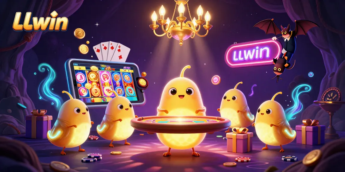 LLwin casino animated glowworms illuminate a vibrant gaming scene with a bat dealer and slot action.