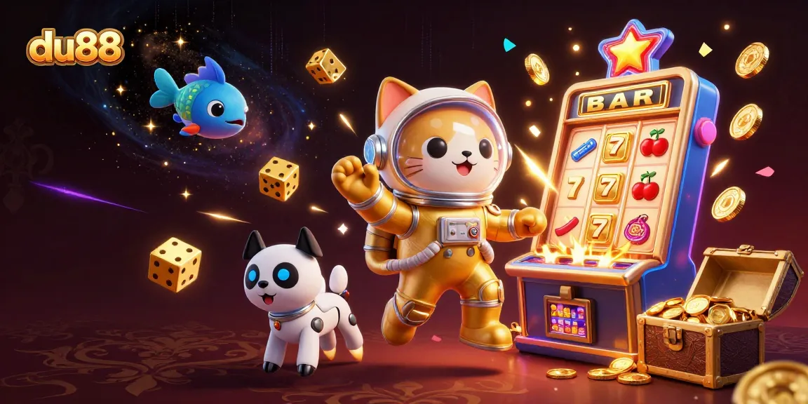 Experience thrilling slots action with du88 in a vibrant, animated casino scene featuring an astronaut cat.