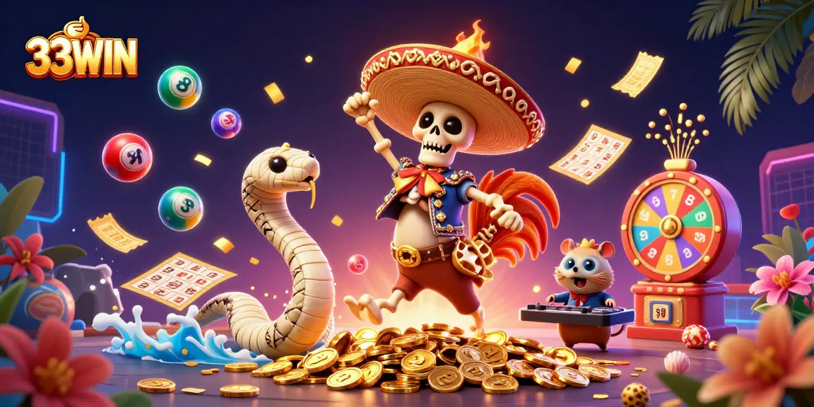 33WIN shines as a vibrant casino scene with a dancing skeleton and golden prizes galore.