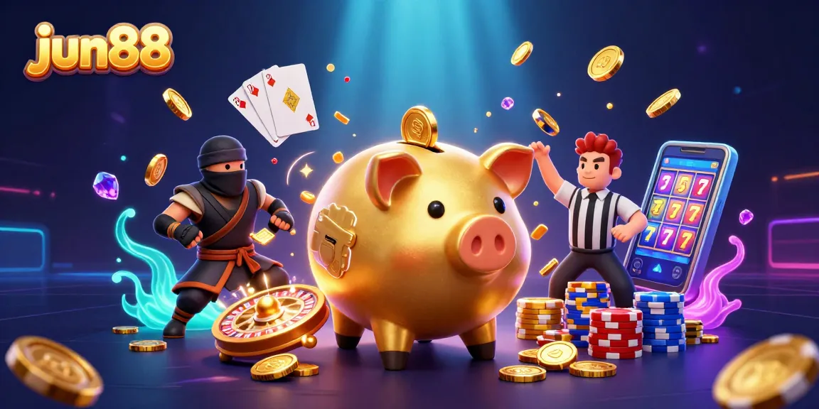 The golden piggy bank sumo wrestler celebrates with coins while showcasing jun88's thrilling casino atmosphere.