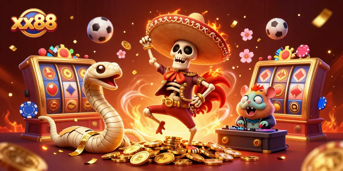 Experience the thrill of winning strategies with xx88's dynamic casino illustration featuring vibrant characters and game elements.