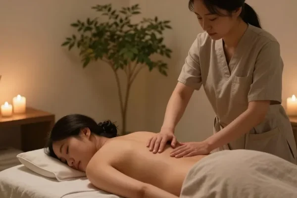 안양출장마사지 session in a serene wellness studio with a massage therapist and soothing atmosphere.