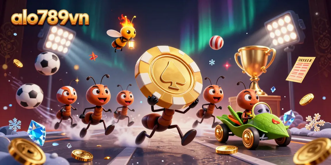 Experience thrilling wins at alo789vn with dynamic ants heisting a massive poker chip in a vibrant scene.