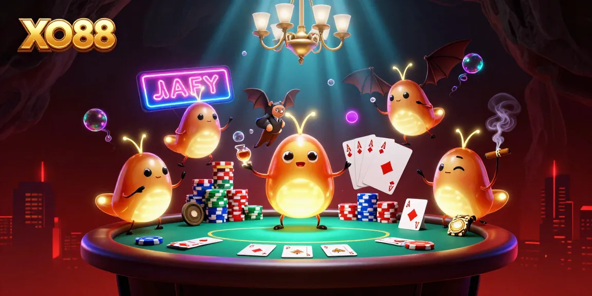 Experience the vibrant energy of XO88 as glowworms illuminate a casino scene with a bat dealer.