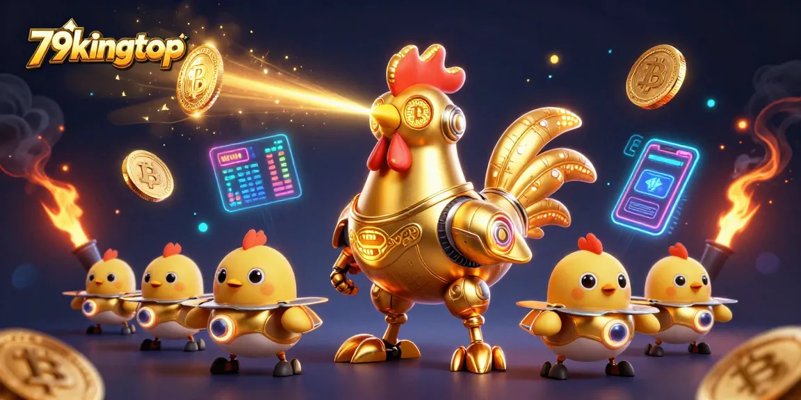 Engage in gaming adventures with 79kingtop as laser-eyed robots and crypto coins collide in a vibrant casino scene.