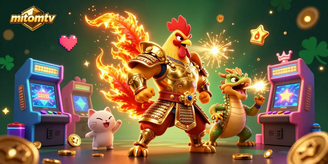 Experience the excitement of mitomtv with a dynamic scene featuring powerful cartoon warriors and vibrant casino gaming elements.