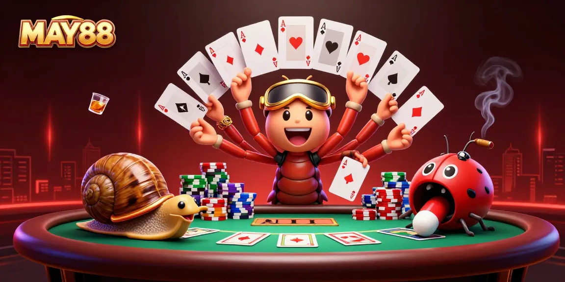 MAY88 interactive poker scene with a millipede dealer, a high-roller snail, and vibrant chip stacks.