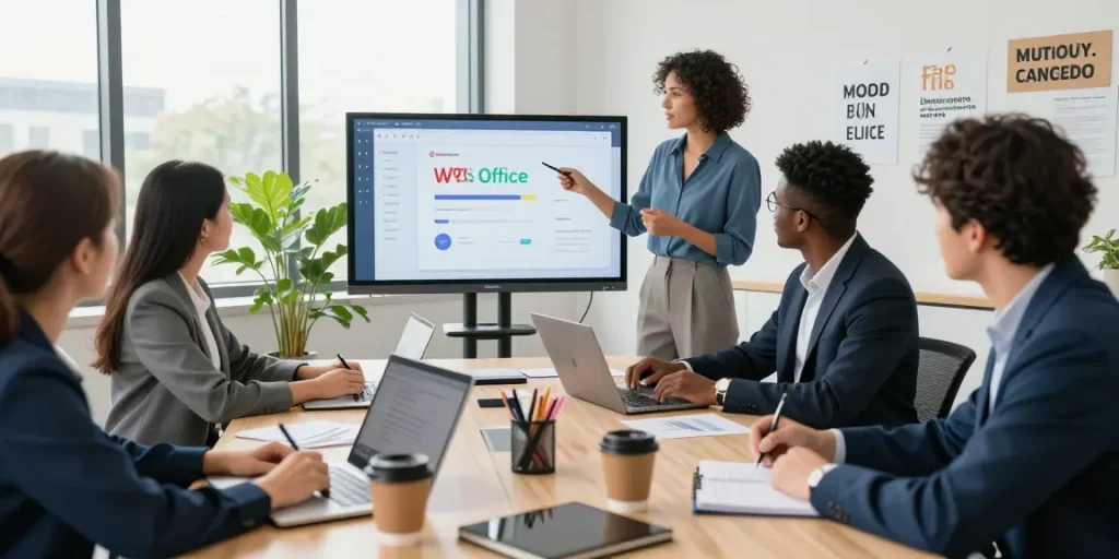 团队使用WPS Office进行协作讨论，展示现代办公环境的高效氛围。