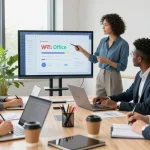 团队使用WPS Office进行协作讨论，展示现代办公环境的高效氛围。