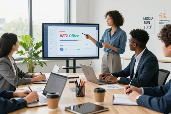 团队使用WPS Office进行协作讨论，展示现代办公环境的高效氛围。