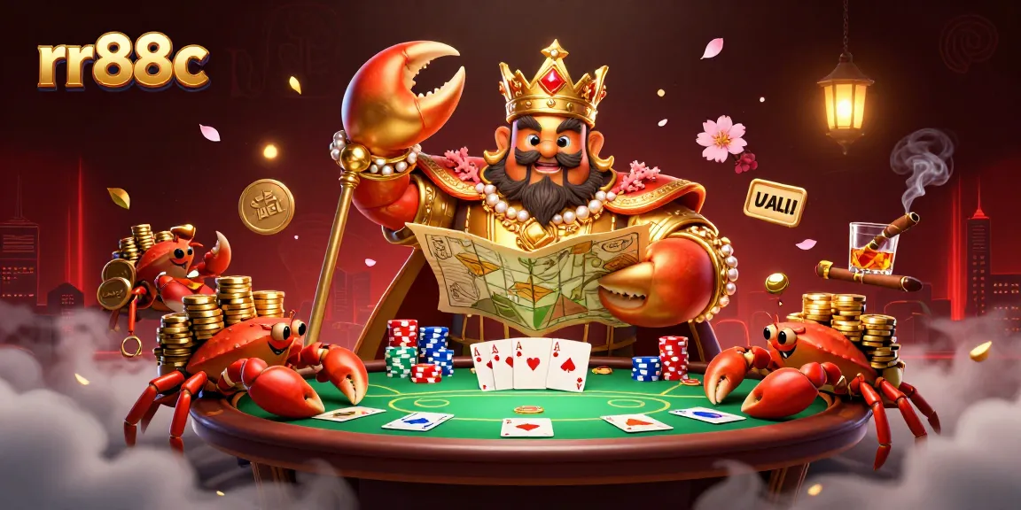 Engage with rr88c's dynamic poker scene featuring a golden crab emperor surrounded by lively game elements.