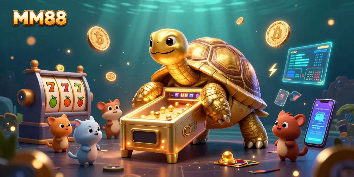 Experience jackpot thrills at MM88 with a golden tortoise pinball machine amidst vibrant casino elements.