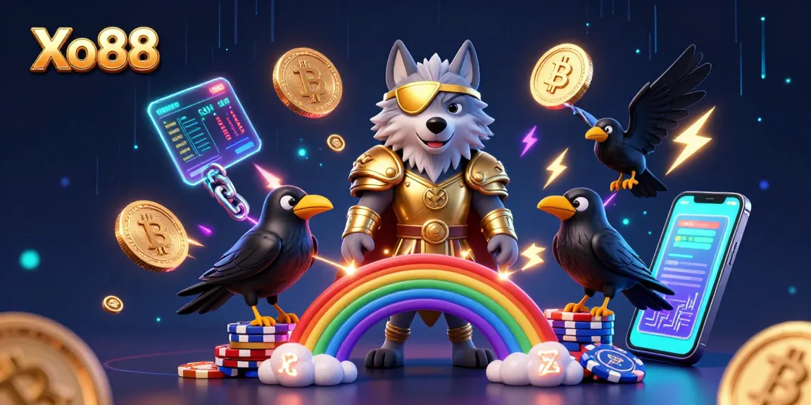 Xo88 showcases a vibrant 3D casino scene with mystical Norse symbols and cryptocurrency elements.