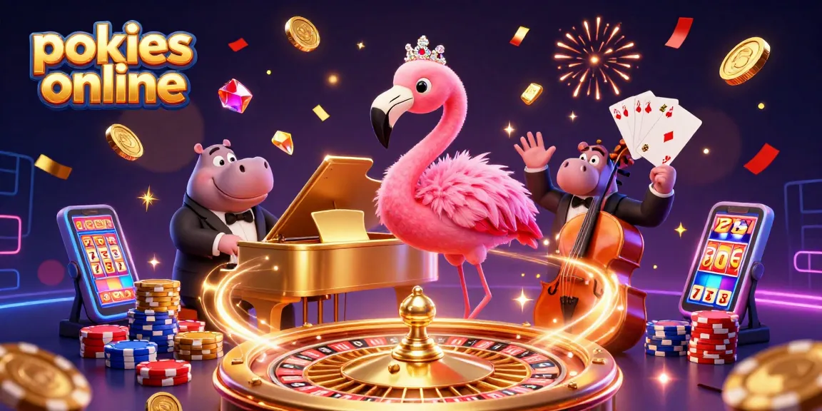 Spin to win with pokies online in a lively 3D casino illustration featuring a singing flamingo and hippo bassist.