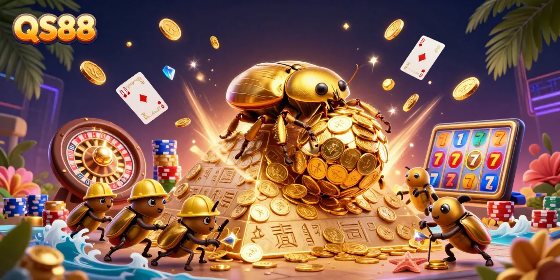 Experience the vibrant QS88 casino adventure with golden beetles rolling coins and flying symbols.